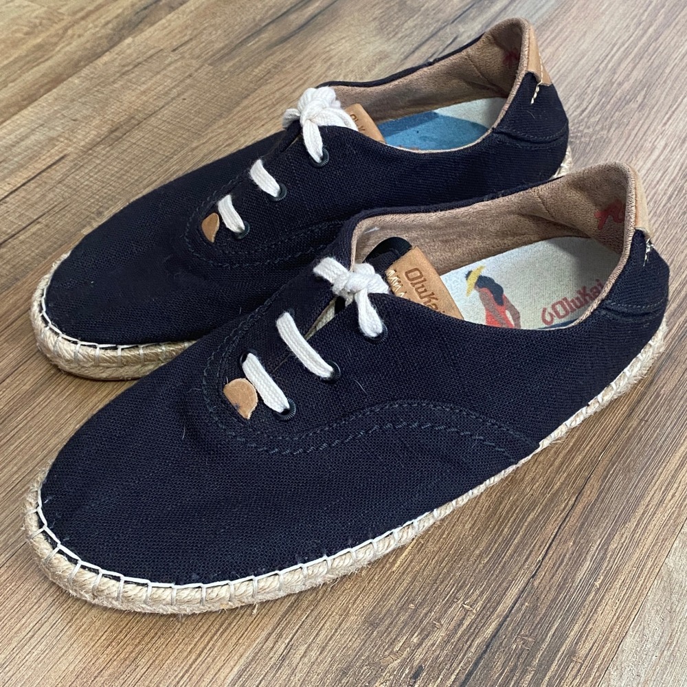 Olukai Kaula Pa'a‎ Li Black Canvas Espadrille Sneakers Womens 7 20463-4040